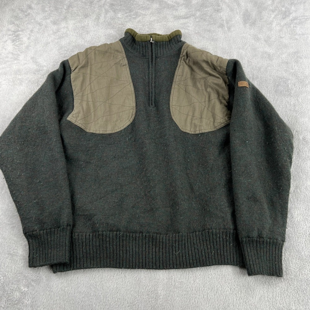 Beretta Mens M Wool Shooting Sweater Green 1/4 Zip Shoulder Patches Hunting